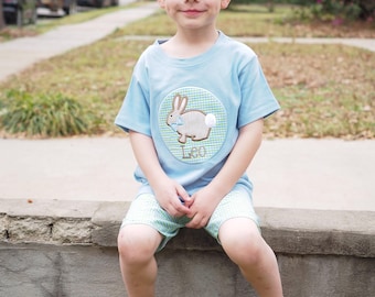 Little Boys Personalized Easter Bunny Shirt with Light Blue & Green Gingham Shorts - Comfortable Easter Outfit for Toddler Boys