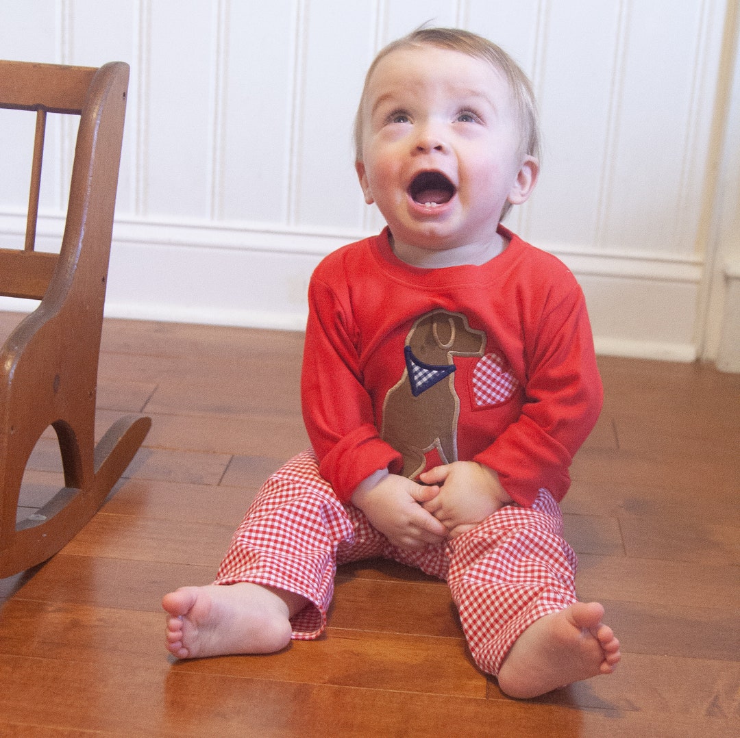 Toddler Boys Valentine's Outfit Monogram Red Puppy Shirt Little Boys