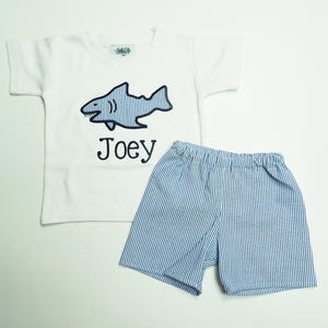 Little Boys Shorts Set - Appliqued Personalized Seersucker Shark with Matching Shorts for Toddler or Baby Boys