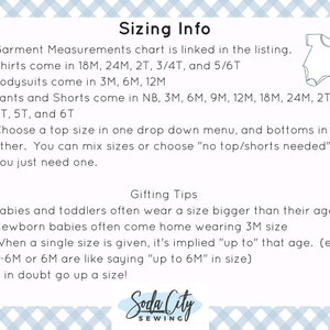 May include: Sizing information for baby clothes, including a chart of sizes for shirts, bodysuits, pants, and shorts. The text also includes gifting tips for babies and toddlers.