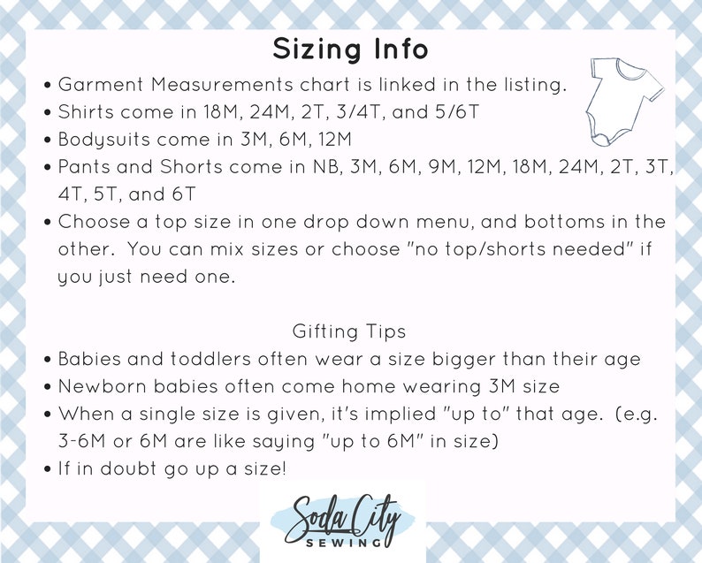 May include: Sizing information for baby clothes, including a chart of sizes for shirts, bodysuits, pants, and shorts. The text also includes gifting tips for babies and toddlers.