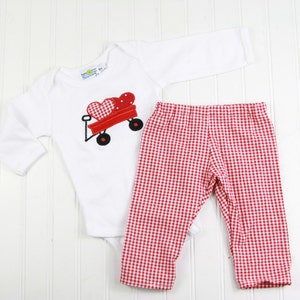 Valentine's Day Outfit - Baby Boy Valentine Shirt - Baby Valentine's Day Shirt - Hearts with Wagon Applique - Red Gingham Pants Outfit Boys