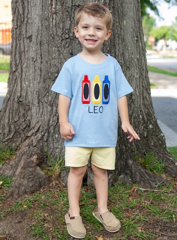 Boys First Day of School Shirt Embroidered Crayons Back to Preschool Outfit Monogrammed 1st Day of Kindergarten Appliqued Tee Shorts Etsy UK