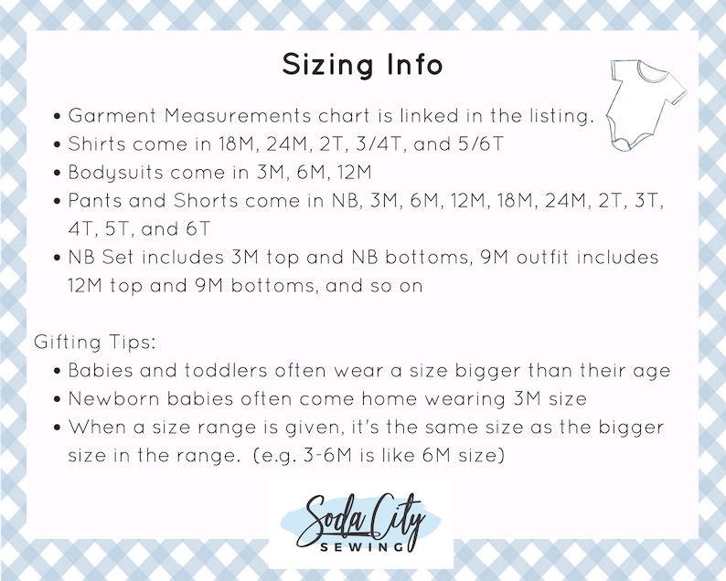 Op de afbeelding: Maatinformatie voor babykleding, inclusief shirts, rompers, broeken en shorts. De tabel geeft maten van pasgeborenen tot 6T. Er worden ook cadeautips gegeven, die suggereren dat baby's en peuters vaak een maat groter dragen dan hun leeftijd.