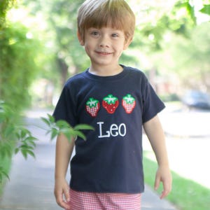 Boys Summer Outfits - Strawberry Picking Applique Tee - Personalized Monogrammed T Shirts - Red Gingham Shorts for Toddler or Baby Boys