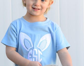 Easter Bunny Ears Initial Shirt - Light Blue Gingham Little Boys Outfit - Monogrammed Rabbit Ears for Toddler - Personalized Baby Boy Set
