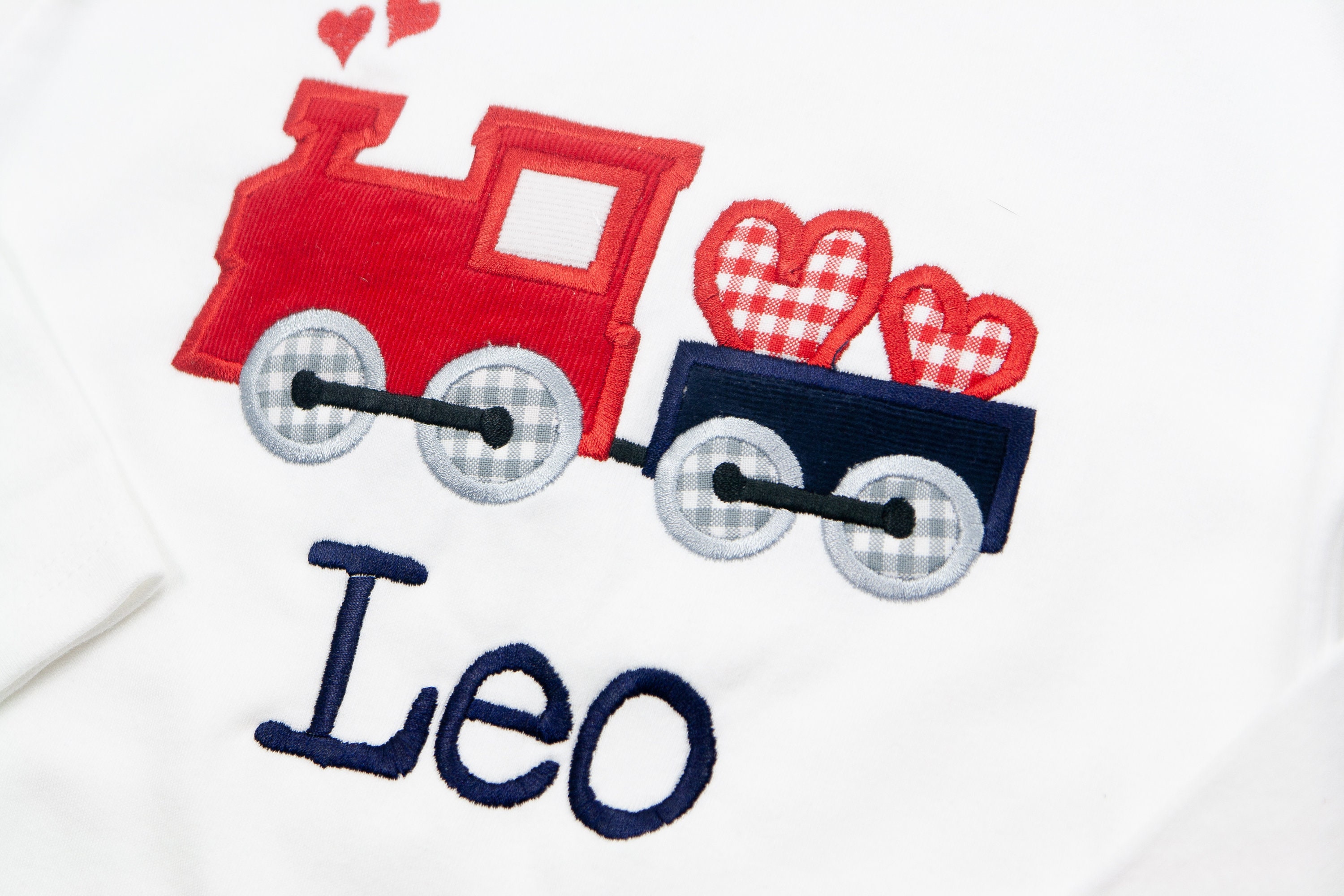 Valentine&#39;s Day Train Shirt - Toddler Boy Valentines Outfit - Personalized Train Hearts Applique Tee - Navy Corduroy Pants - Monogrammed