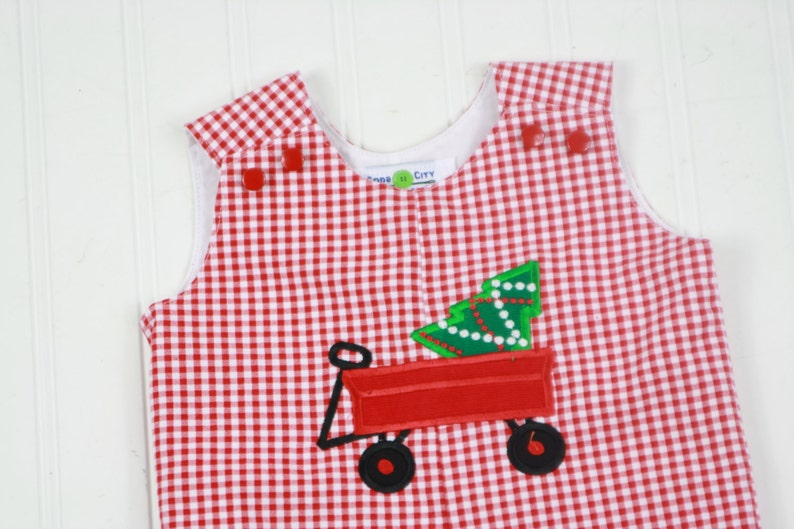 Boys Christmas Romper Christmas Tree Wagon Longall Toddler Boy Christmas Clothes Red Gingham Overalls Baby Jumper Soda Ciy Sewing image 4