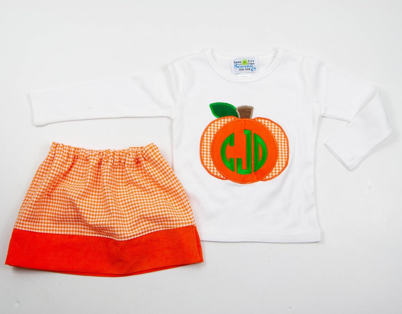 Monogrammed Fall Outfit for Toddlers Orange Gingham Skirt Set Little Girls Skirt /& Personalized Tee Girls Embroidered Pumpkin Shirt