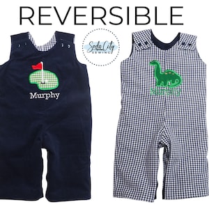 Aangepaste jongensoutfit - omkeerbare longalls - rompertjes golf en dinosaurus appliqué - winteroutfit jongens - kleding babyjongen - gepersonaliseerde JonJon