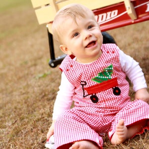 Boys Christmas Romper Christmas Tree Wagon Longall Toddler Boy Christmas Clothes Red Gingham Overalls Baby Jumper Soda Ciy Sewing image 1