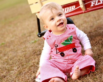 Boys Christmas Romper - Christmas Tree Wagon Longall - Toddler Boy Christmas Clothes - Red Gingham Overalls - Baby Jumper- Soda Ciy Sewing