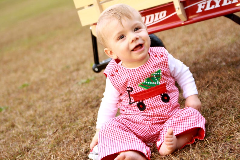 Boys Christmas Romper - Christmas Tree Wagon Longall - Toddler Boy Christmas Clothes - Red Gingham Overalls - Baby Jumper- Soda Ciy Sewing 