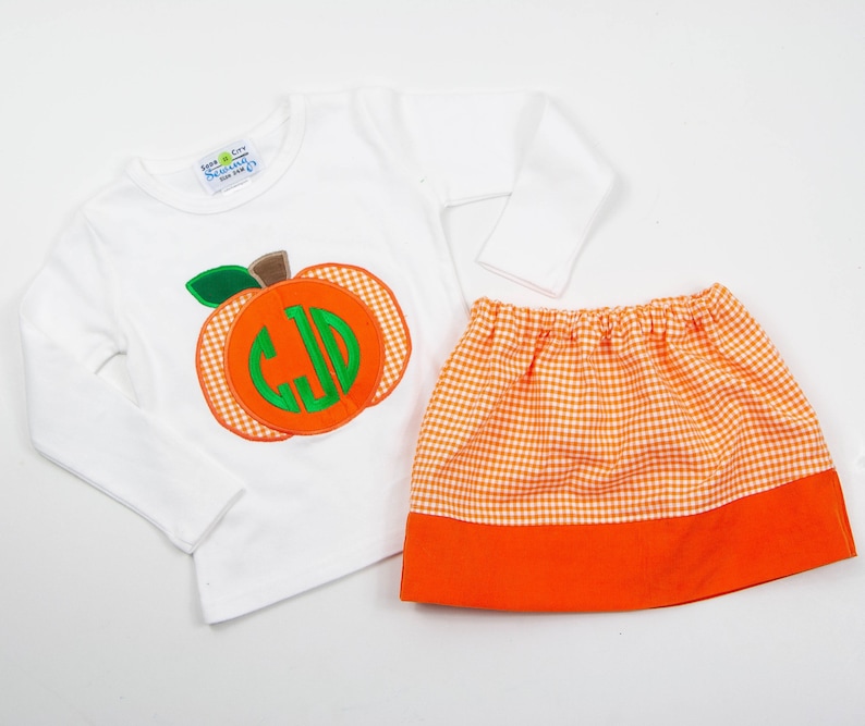 Monogrammed Fall Outfit for Toddlers Orange Gingham Skirt Set Little Girls Skirt /& Personalized Tee Girls Embroidered Pumpkin Shirt
