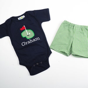 Baby Golf Shirt Baby Shower Gift for Golfer Masters Baby Outfit Green Gingham Shorts Boys Applique Golfing Outfit image 4
