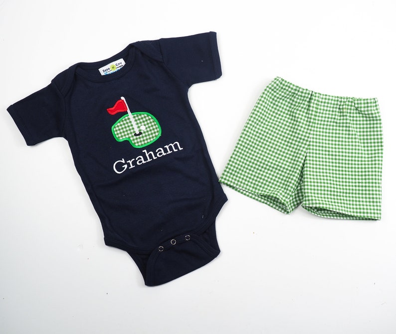 Baby Golf Shirt Baby Shower Gift for Golfer Masters Baby Outfit Green Gingham Shorts Boys Applique Golfing Outfit image 4