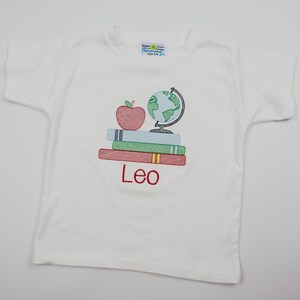 First Day of Preschool Shirt - Vintage Stitch Boys Back to School Embroidery - Monogrammed 1st Day T-Shirt with Sketch Globe, Books, Apple image 6