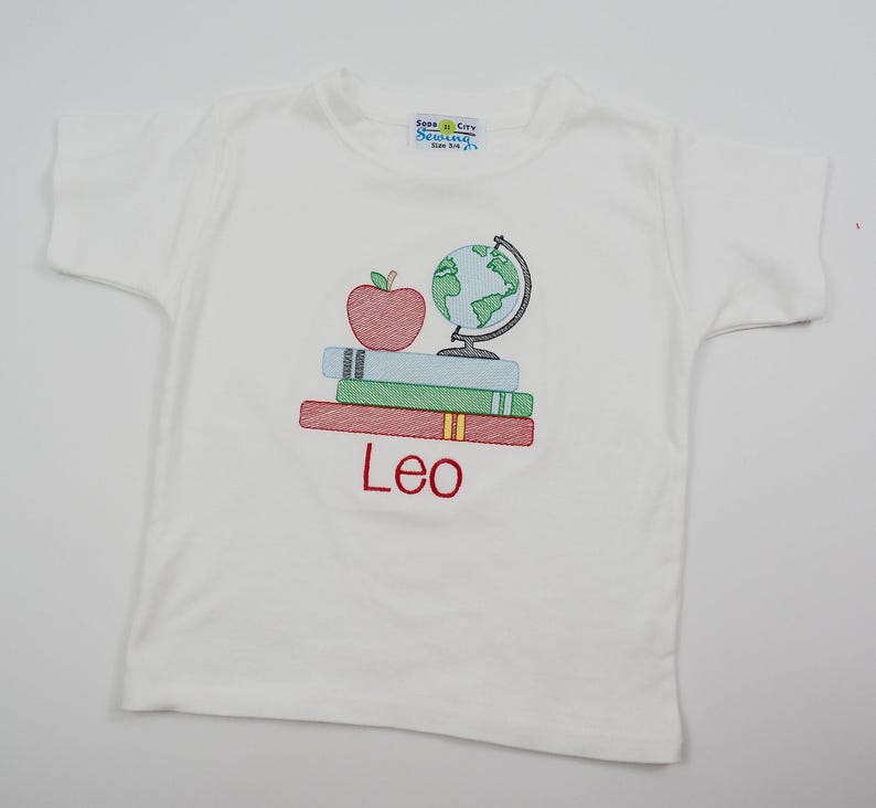 First Day of Preschool Shirt - Vintage Stitch Boys Back to School Embroidery - Monogrammed 1st Day T-Shirt with Sketch Globe, Books, Apple image 6