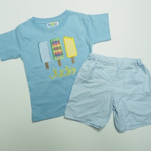 Summer Boys Applique Outfit Popsicle Shirt with Light Blue Gingham Shorts for Little Boys Personalized Baby Boy Clothes Ice Cream Party image 7