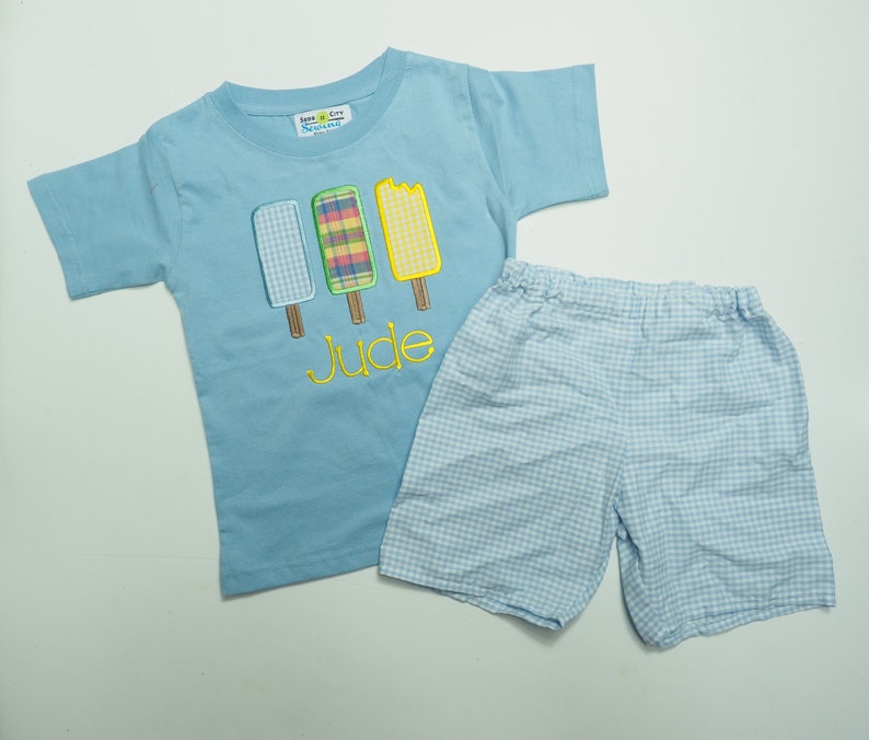 Summer Boys Applique Outfit Popsicle Shirt with Light Blue Gingham Shorts for Little Boys Personalized Baby Boy Clothes Ice Cream Party image 7