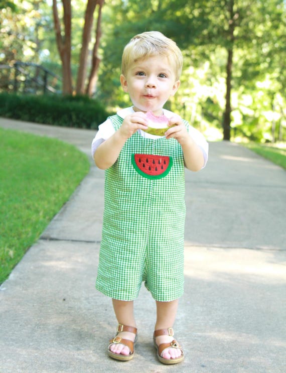 birthday dress for toddler boy Baby Boy Summer Romper - Boys Watermelon Birthday Outfit - Green Gingham Shortall - Baby Boy Applique Outfit