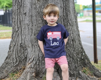 Personalized Shirt for Boys - Fire Truck Shirt & Red Gingham Shorts Set - Fire Truck Applique Tee - Toddler Boy Clothes - Little Boy Outfits