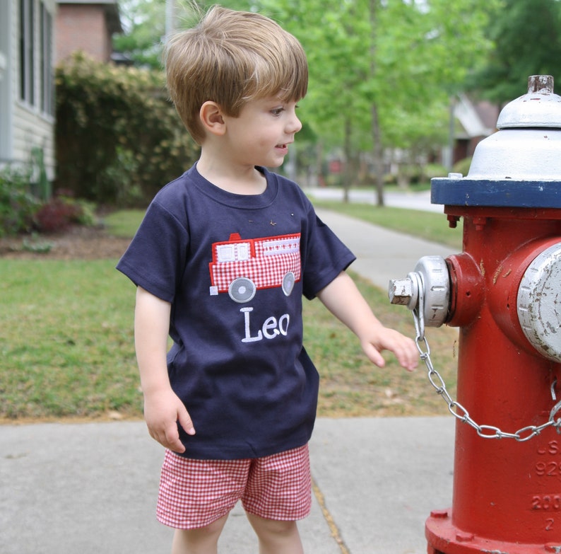 Personalized Shirt for Boys Fire Truck Shirt & Red Gingham Shorts Set Fire Truck Applique Tee Toddler Boy Clothes Little Boy Outfits image 2