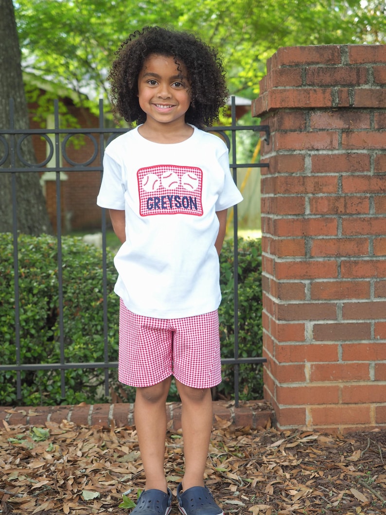 Baseball Shirt for Toddler Boys - Personalized Applique Sports Tee - Little Kid Base Ball T-Shirt - T-Ball TBall Outfit - Red Gingham Shorts image 6