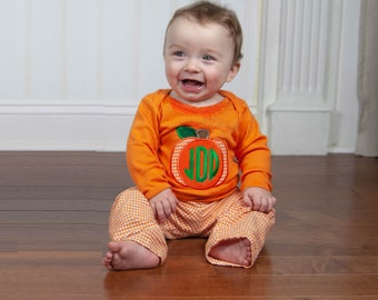 Baby Boys Orange Pumpkin Initial Bodysuit - Monogrammed Fall Pumpkin Patch Top for Little Boys