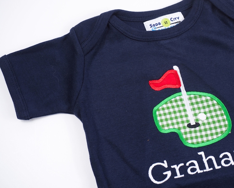 Chemise de golf pour bébé Cadeau de fête de bébé pour golfeur Tenue de bébé Masters Short gingham vert Tenue de golf en applique pour garçons image 3