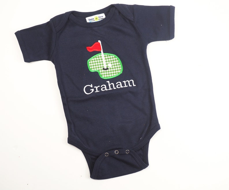 Chemise de golf pour bébé Cadeau de fête de bébé pour golfeur Tenue de bébé Masters Short gingham vert Tenue de golf en applique pour garçons image 5