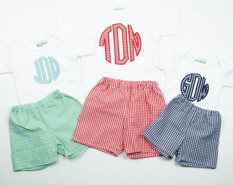 Appliqued Initial Outfits - Personalized Monogrammed Shirts - Boys Monogram Applique Bodysuit - Gingham Shorts Set - Preppy Baby Shower Gift