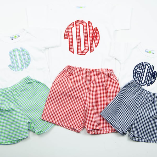 Appliqued Initial Outfits - Personalized Monogrammed Shirts - Boys Monogram Applique Bodysuit - Gingham Shorts Set - Preppy Baby Shower Gift