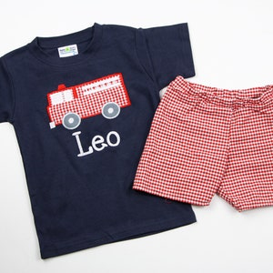 Personalized Shirt for Boys Fire Truck Shirt & Red Gingham Shorts Set Fire Truck Applique Tee Toddler Boy Clothes Little Boy Outfits image 3