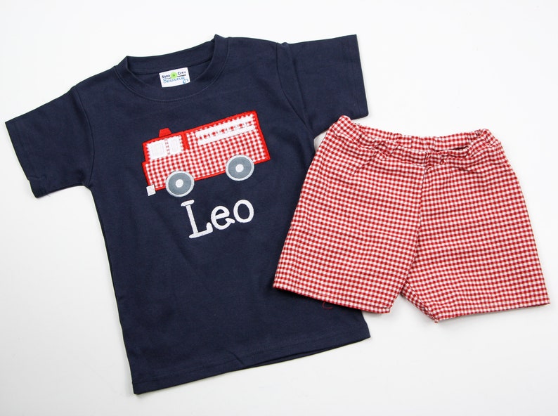 Personalized Shirt for Boys Fire Truck Shirt & Red Gingham Shorts Set Fire Truck Applique Tee Toddler Boy Clothes Little Boy Outfits image 3