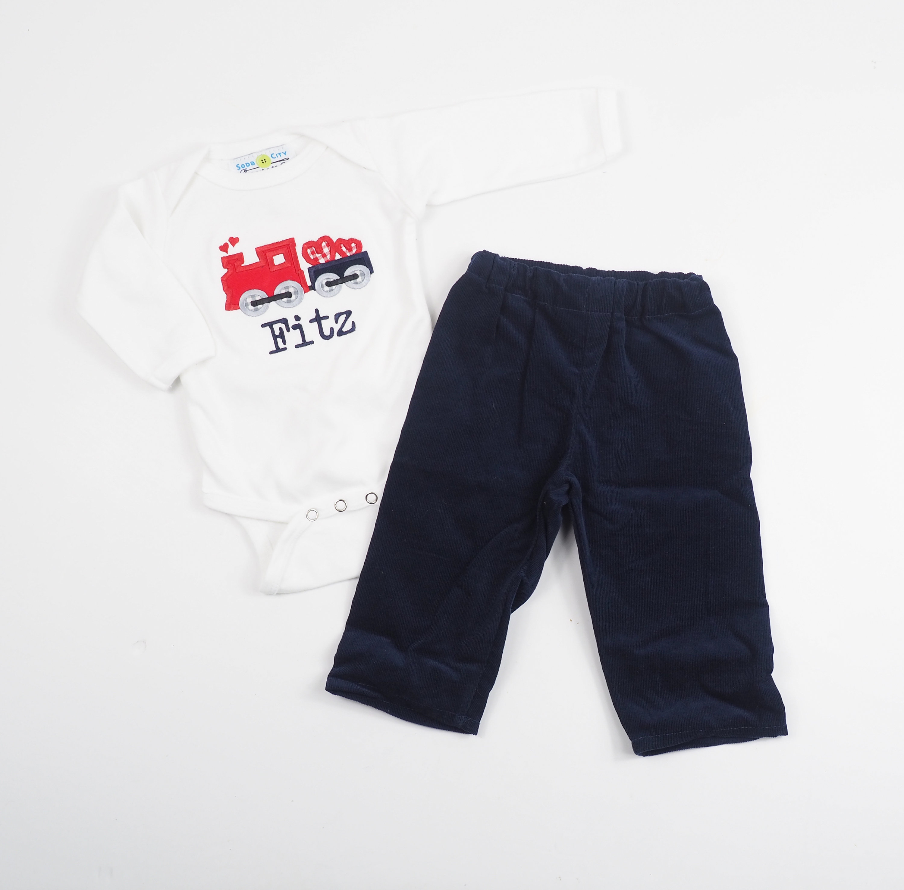 Valentine&#39;s Day Train Shirt - Toddler Boy Valentines Outfit - Personalized Train Hearts Applique Tee - Navy Corduroy Pants - Monogrammed