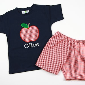 Boys Back to School Outfit Personalized Apple Applique Shirt with Red Gingham Shorts, Perfect for First Day of Preschool and Kindergarten image 5