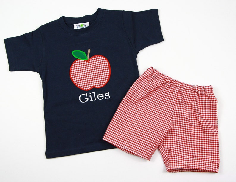 Boys Back to School Outfit Personalized Apple Applique Shirt with Red Gingham Shorts, Perfect for First Day of Preschool and Kindergarten image 5