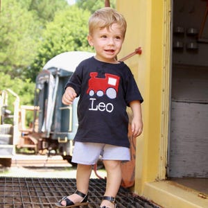 Boys Train Shirt - Boys Navy T Shirt - Toddler Boy Summer Clothes - Seersucker Shorts Outfit - Boys Train Birthday Set - Toddler Tee Shirt