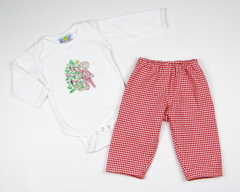Toddler Christmas Shirt Embroidered - Little Boys Christmas Outfit - Red Gingham pants - Sketch Embroidery Outfit - Boys Nostalgic Christmas image 4