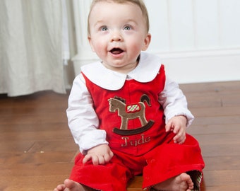 Baby Boy Christmas Outfit - Red Corduroy Holiday Overalls - Rocking Horse Applique Romper - Winter Baby Clothes - Nice Baby Shower Gift