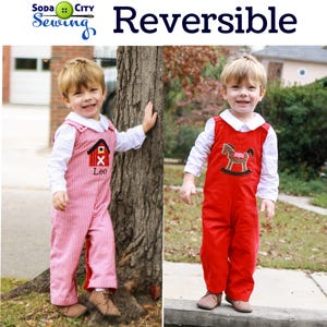 Reversible Christmas Longall - Rocking Horse Applique Overalls - Classic Boys Christmas Outfits - Farm Outfit Barn - Boys Corduroy Romper