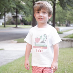 First Day of Preschool Shirt - Vintage Stitch Boys Back to School Embroidery - Monogrammed 1st Day T-Shirt with Sketch Globe, Books, Apple image 1