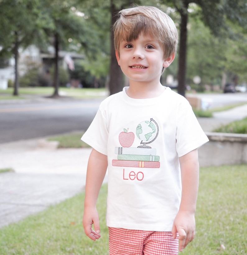 First Day of Preschool Shirt - Vintage Stitch Boys Back to School Embroidery - Monogrammed 1st Day T-Shirt with Sketch Globe, Books, Apple image 1