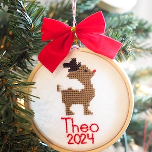 Vintage Style Christmas Ornament - Red Nosed Reindeer Cross Stitch Embroidery Personalized Holiday Gift for Kids