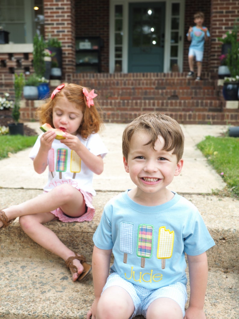 Summer Boys Applique Outfit Popsicle Shirt with Light Blue Gingham Shorts for Little Boys Personalized Baby Boy Clothes Ice Cream Party image 3