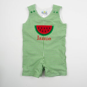 Baby Boy Summer Romper Boys Watermelon Birthday Outfit Green Gingham Shortall Baby Boy Applique Outfit Toddler Boy Family Photos image 6