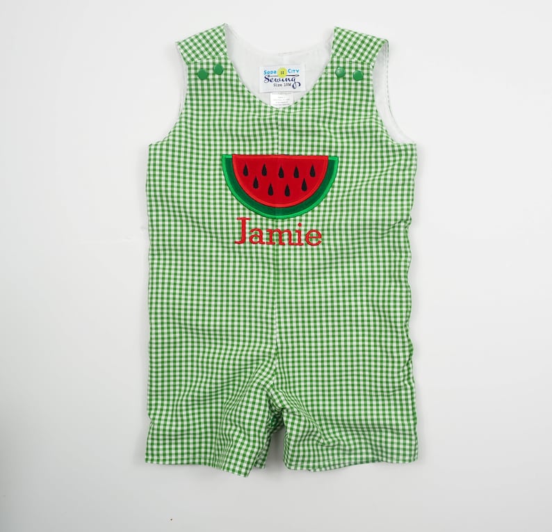 Baby Boy Summer Romper Boys Watermelon Birthday Outfit Green Gingham Shortall Baby Boy Applique Outfit Toddler Boy Family Photos image 6