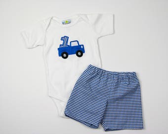 1st Birthday Shirt - Blue Truck First Birthday Outfit - Monogrammed Birthday Outfit - Little Boys Truck Shirt - Royal Blue Gingham Shorts