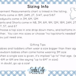 a blue and white gingham checkered background with the text sizing info